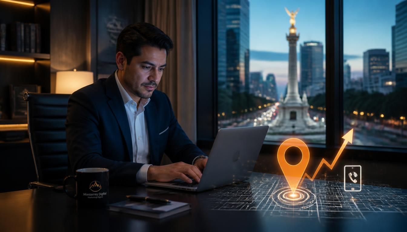 Empresario revisando posicionamiento web y marketing digital en Ciudad de México con el Ángel de la Independencia de fondo