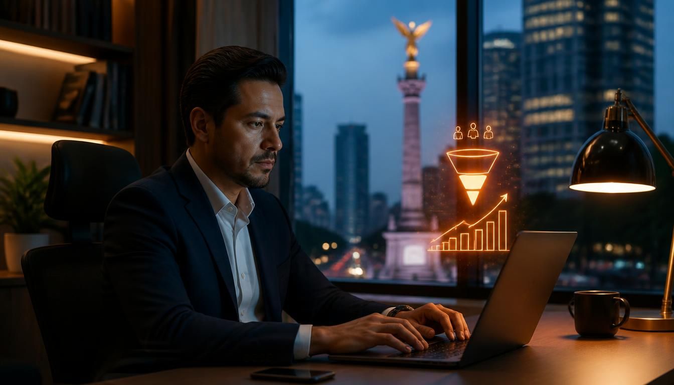 Especialista en CRO revisando un embudo de conversión y analítica en Ciudad de México
