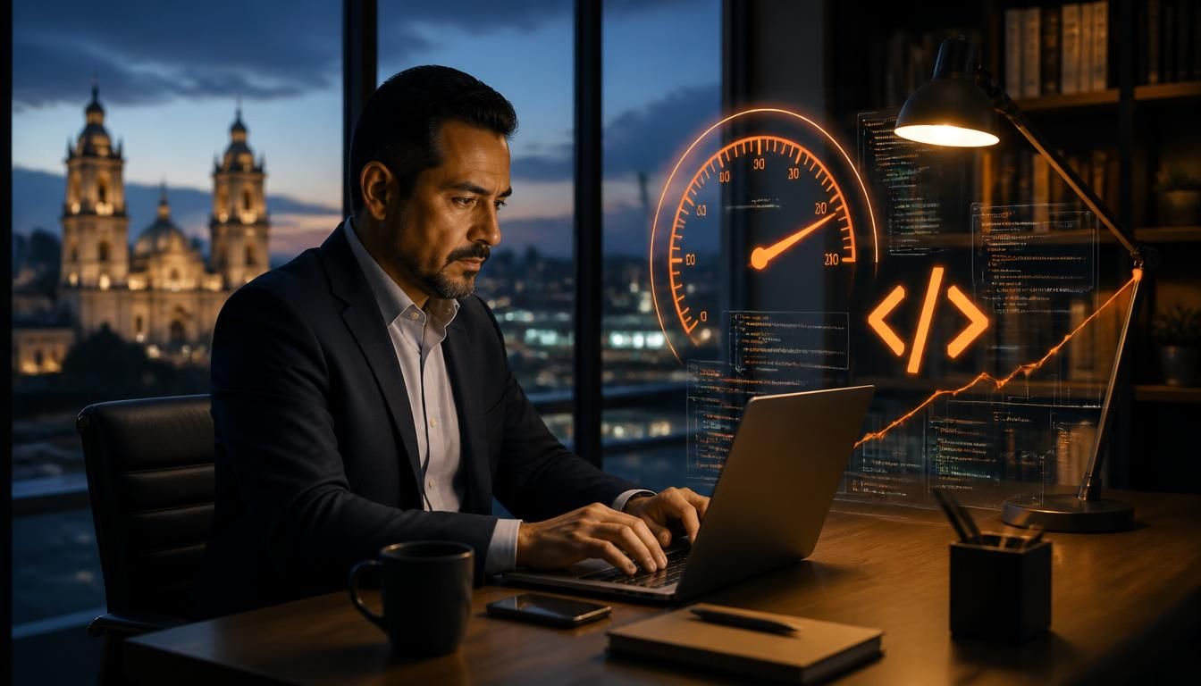 Especialista en SEO técnico revisando velocidad y código de un sitio web